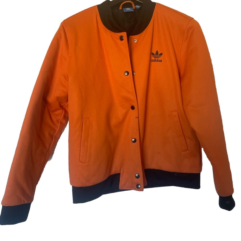 adidas Orange Varsity Jacket with Fitted Waistband and Dark Collar